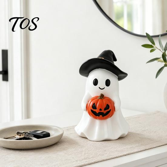 Resin Desktop Ornament Halloween Ghost Figurine, Cute Holding Pumpkin Unique Seasonal Statue for Desk Tabletop Indoor Home Decor Decoration
