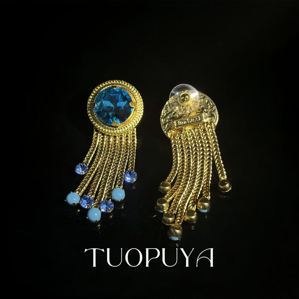 Temperament Copper Claw Tassel Earrings with Blue Gem Studs