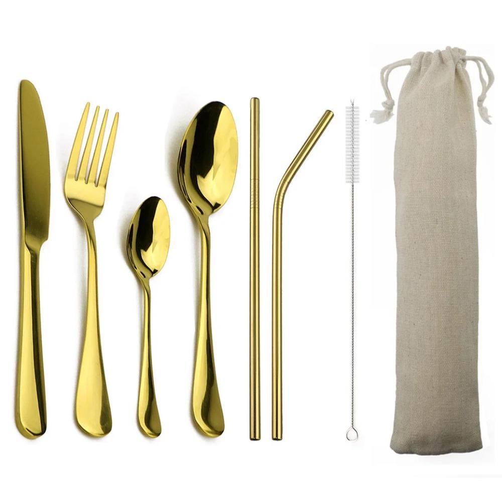 4-teiliges blaues Geschirr mit 2-teiligem Metallstrohhalm Edelstahl Buntes Besteck Messer Gabel Teelöffel Silberwaren Besteck