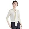 Women's Drapey V-Neck Ribbon Long Sleeve White Shirt - Professional Spring/Autumn Workwear Top