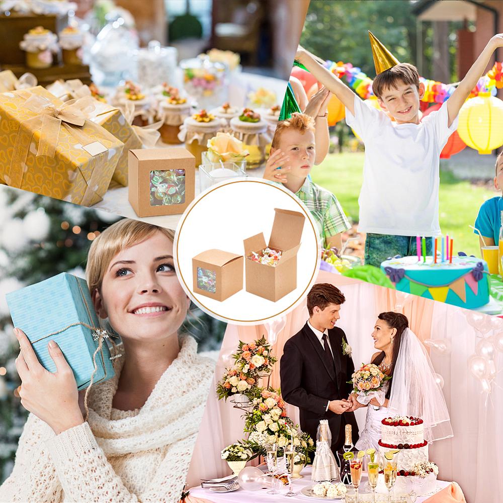 20pcs Kraft Paper Candy Boxes with PVC Clear Window for Party Wedding Baby Shower Square BurlyWood 8.05x8.05x8.05cm