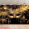 Golden Masquerade Mask Tapestry, Black Background with Feathers, Carnival Party Decor