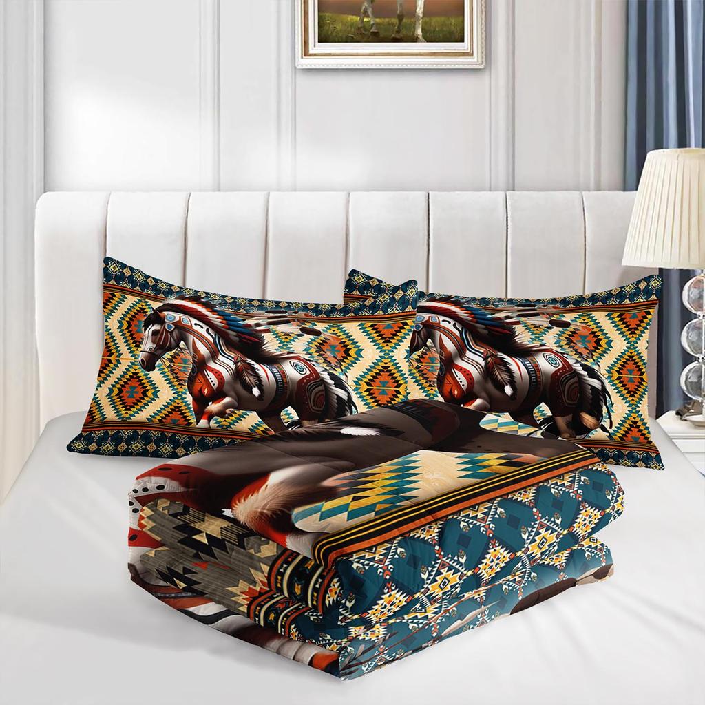 3PC Western Horse Aztec Native American Duvet Set with 2 Pillowcases for Bedroom Or Guest Room Comforter Set