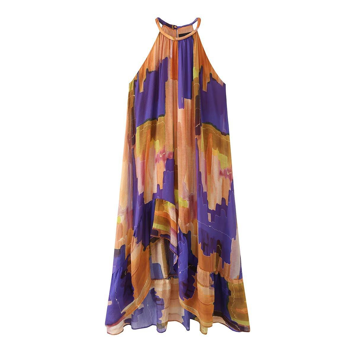 European and American style, new women s clothing, foreign style, neck collar asymmetrical hem printed dress XS