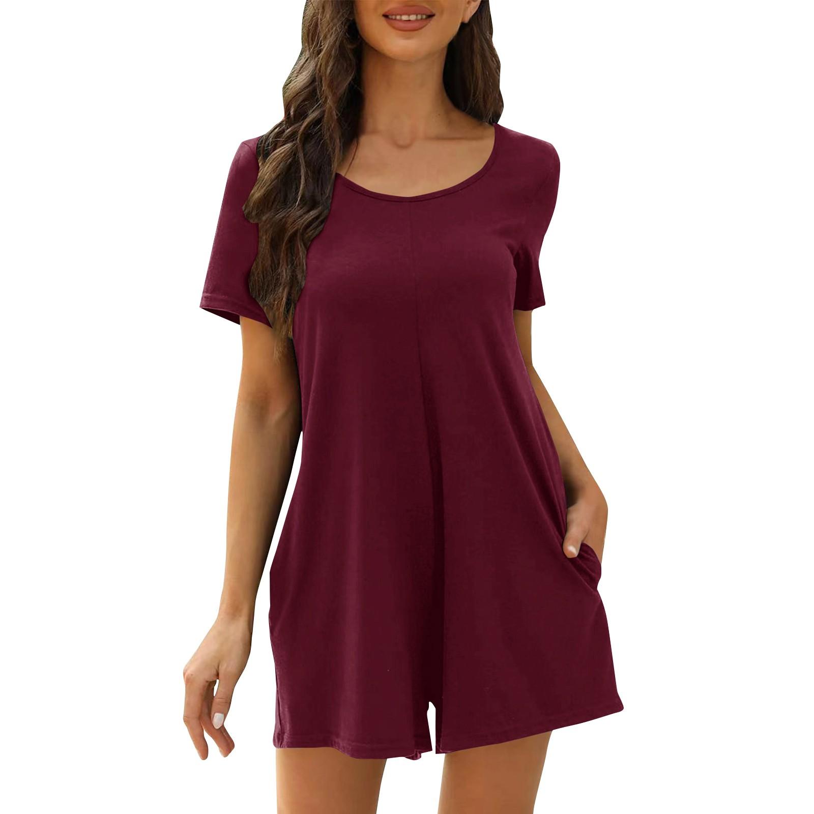 

Летний комбинезон с круглым вырезом, короткой талией, открытой спиной и короткими рукавами XL винный