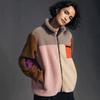 Beliebte Color-Blocking-Patchwork-Jacke aus imitiertem Lammfell mit Stehkragen für Damen, Reißverschlusstasche, lässige Thermojacke