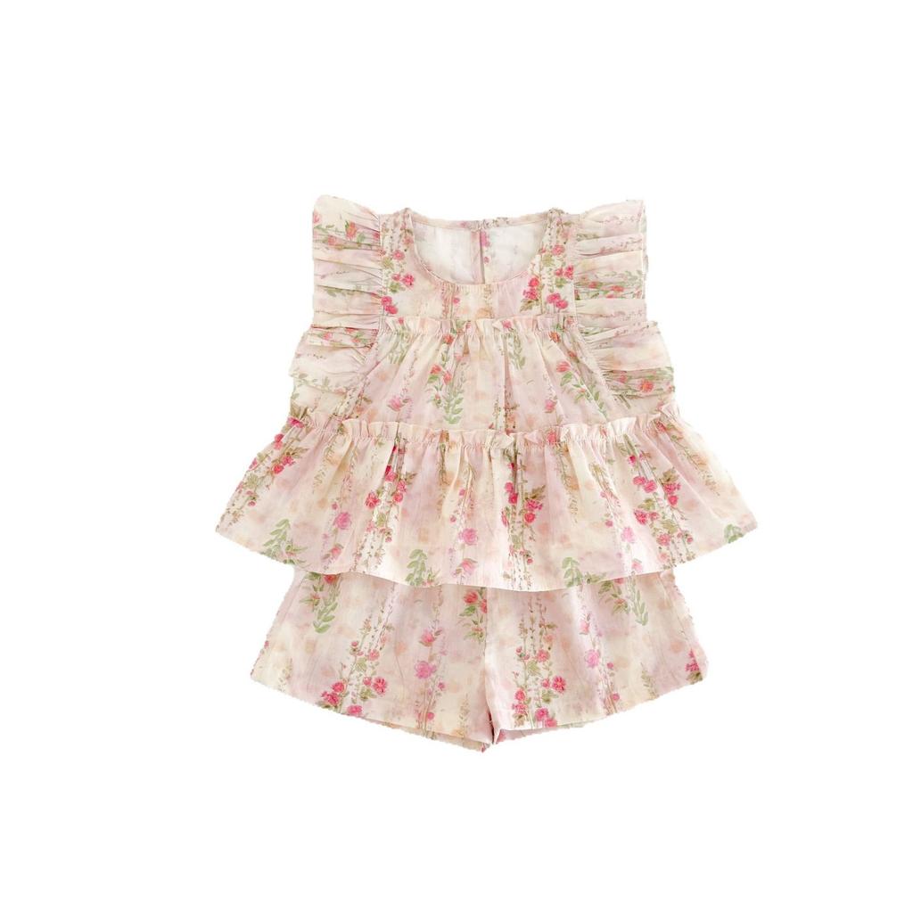 Summer Girls Floral Ruffle Cap Sleeve Top And Sweet Shorts Set Stylish Two Piece Outfit For Kids
