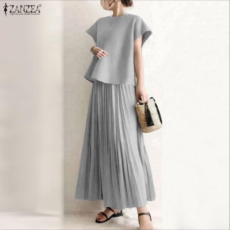 ZANZEA Women Short Sleeve Blouse and Long Skirts Summer Two Piece Suit Sets