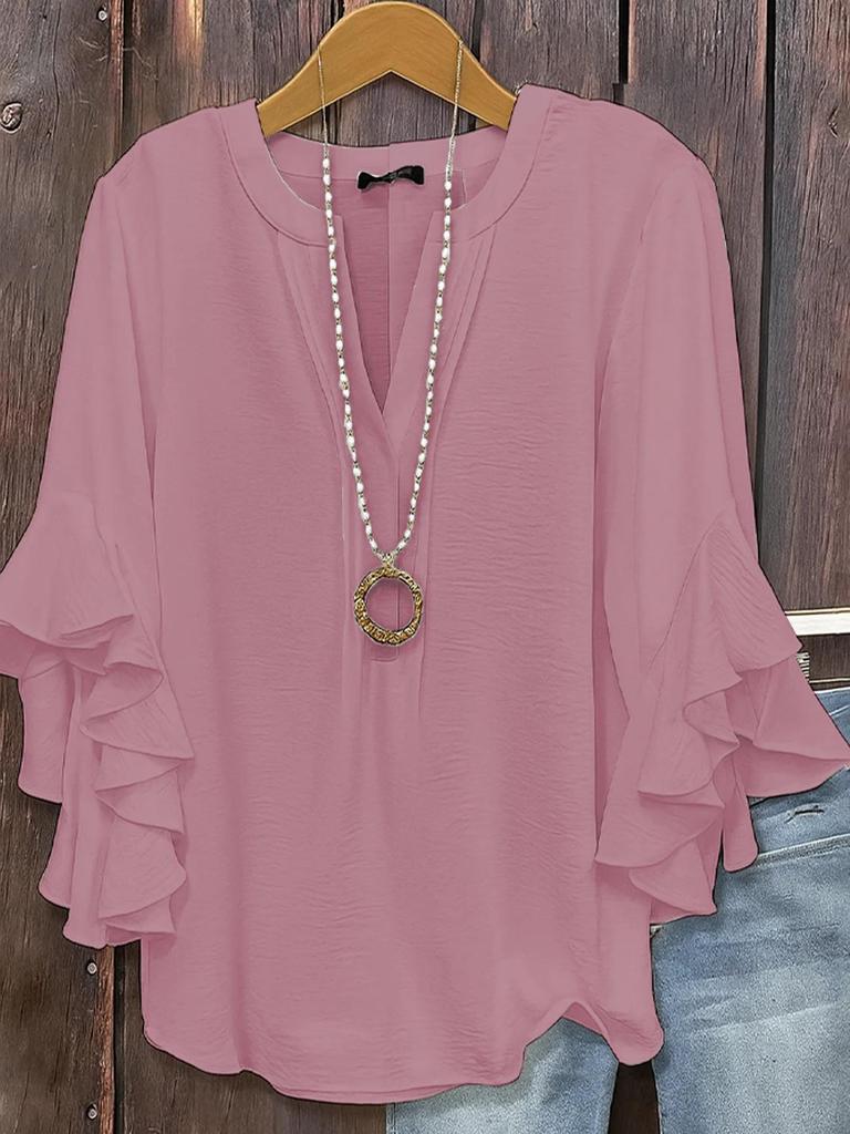 Women's V-Neck Bell Sleeve Top with Bow Detail In Multiple Colors