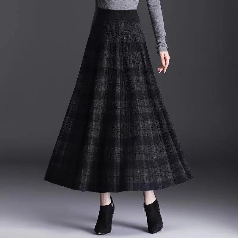 

Осень Зима Женская Одежда Утолщенная Длинная Клетчатая Вязаная Юбка со Складками Повседневная С Завышенной Талией А-силуэта Юбки с Большим Подолом XS серый