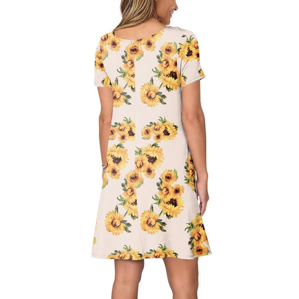 Dámské léto s krátkým rukávem slunečnice potištěné kapsy letní šaty ležérní swing šaty
