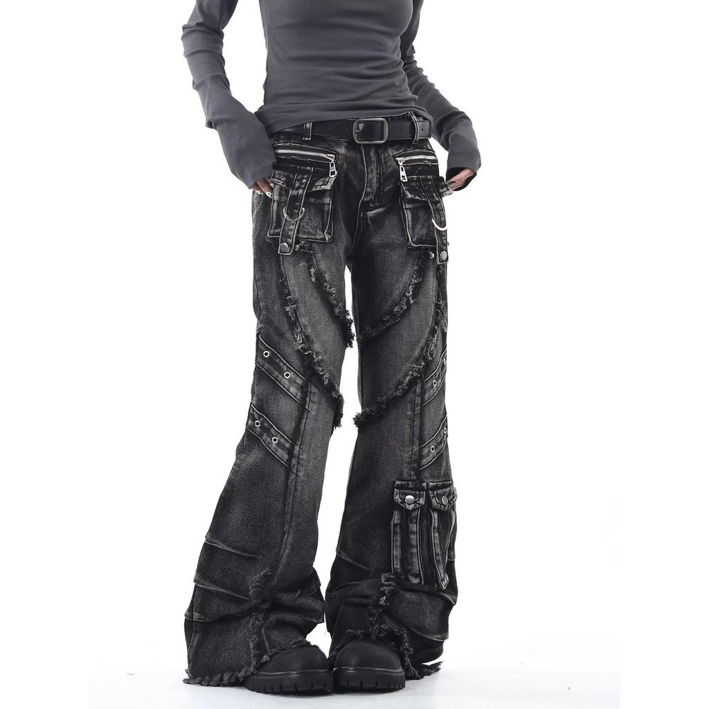Women's Washed Micro-Flare Jeans with Frayed Edges and 3D Pockets