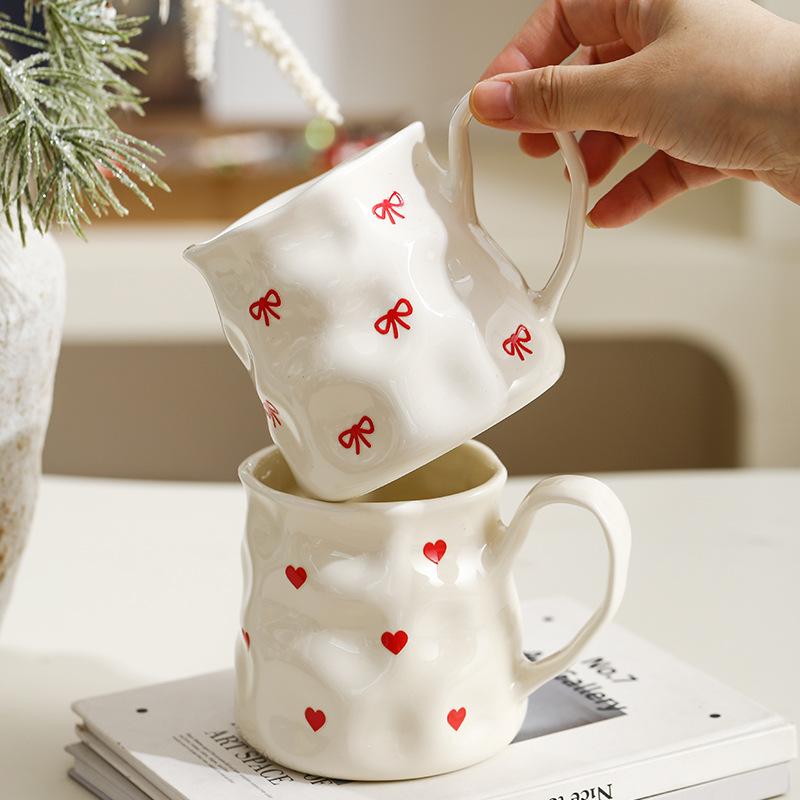 400ML European Ceramic Coffee Cup White Love Mug Home Bow Breakfast Milk Mug Afternoon Camellia Flower Tea Cup Birthday Gift New