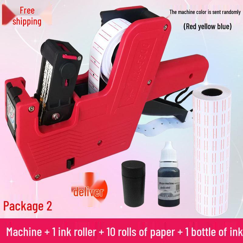 Einreihiges Preisschild-Set: Tintenpistole, 5500 Etiketten, Farbwalze und Zubehör.