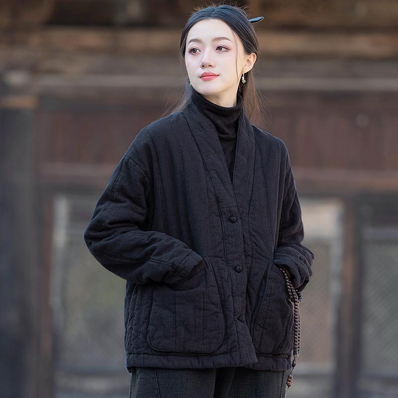 25 Winter Women's Clothing New Ramie Quilted Vertical Grid Shawl Collar Disc Buckle Cotton-padded Warm Cotton-padded Jacket Short Cotton-padded Jacket