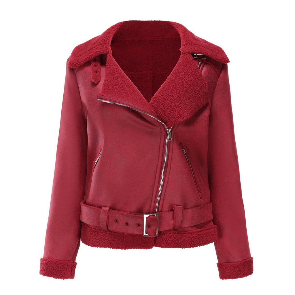 New Fashionable Ladies' Suede Jacket with Fur Lining Retro Thick Lapel Diagonal Zipper Belt Loose Women's Leather Coat