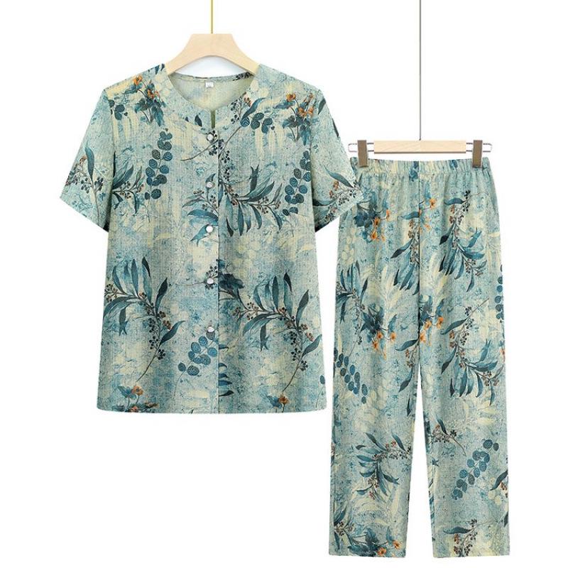 Grandma's Summer Short Sleeve Two-Piece Suit - Ice Silk Casual Wear for Middle-Aged and Elderly Women