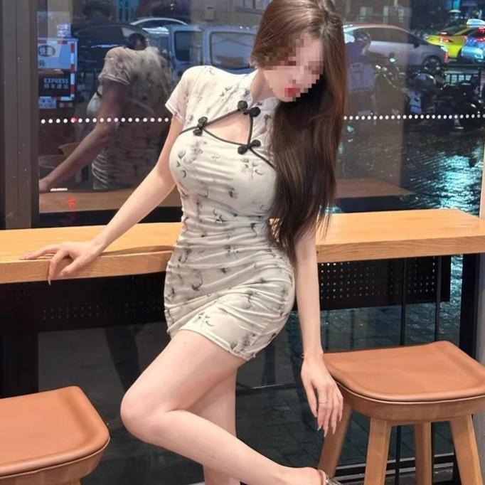 Summer sexy style cheongsam model disc buckle hollow floral dress women's new Chinese style careful waist hip skirt