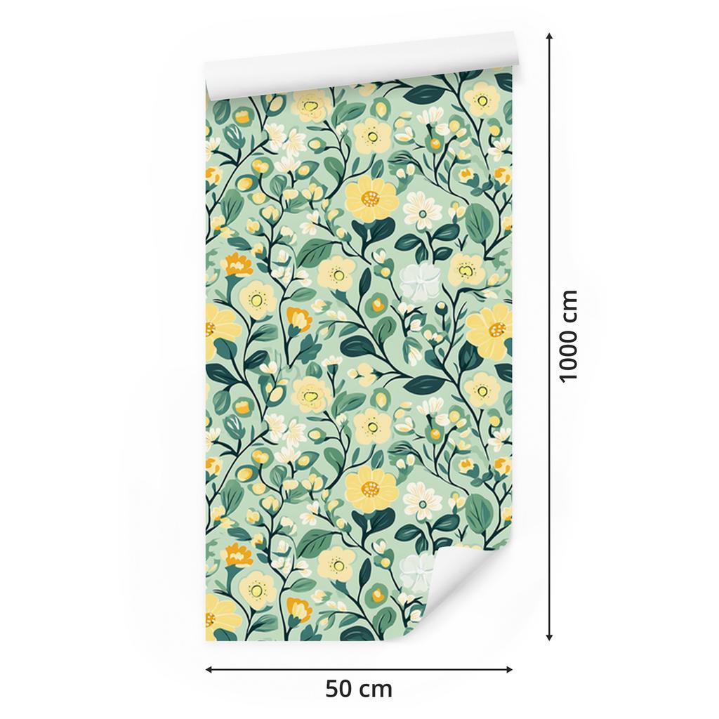 Cottagecore Flowers Wallpaper Green and Mint for Living Room and Bedroom 50x1000