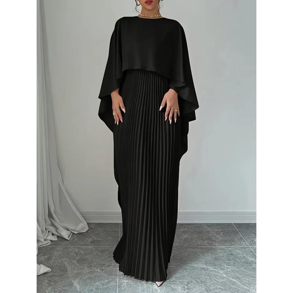 Spring Summer Elegant Crew Neck Pleated Dresses Women Casual Solid Loose Long Dress Cloak Sleeves Ruffle Maxi Dress Vestidos