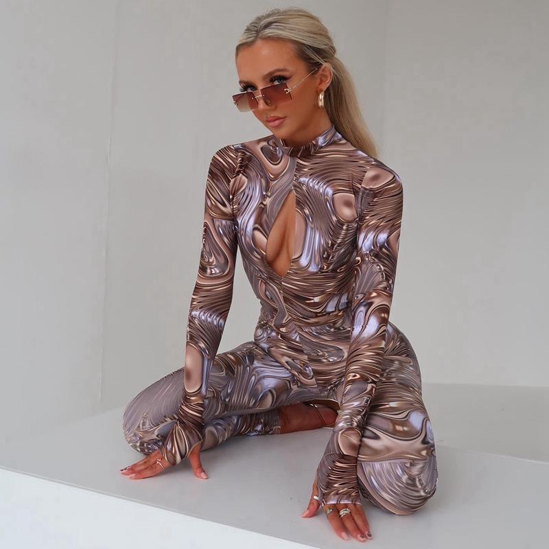 Women's 2024 Autumn/Winter Backless Long-Sleeve Jumpsuit with Chest Cutout