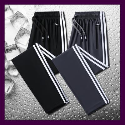 საზაფხულო ახალი ფხვიერი პლუს ცხიმიანი სამი ზოლიანი ყინულის აბრეშუმის შარვალი მამაკაცებისთვის და ქალებისთვის თხელი ელასტიური სწრაფი გაშრობის სპორტული ყოველდღიური შარვალი