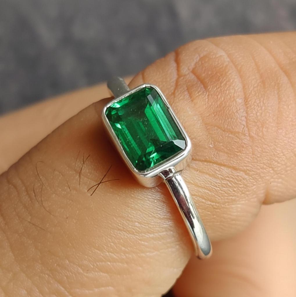 Minimalist Emerald Ring, Boho Statement Ring, Handmade Jewelry, 925 Solid Sterling Silver, Green Gemstone, Emerald Cut Shape, Gift for Women
