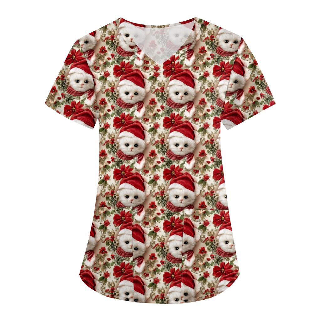 Women's Fashion V-Neck Short Sleeve Overalls With Pockets Christmas Printed Tops  Clothes