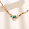 S925 Sterling Silver Square Pendant Necklace with Princess Cut Green Emerald and Champagne Gold, 50cm Retro Style
