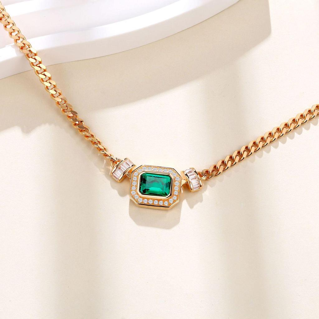 S925 Sterling Silver Square Pendant Necklace with Princess Cut Green Emerald and Champagne Gold, 50cm Retro Style