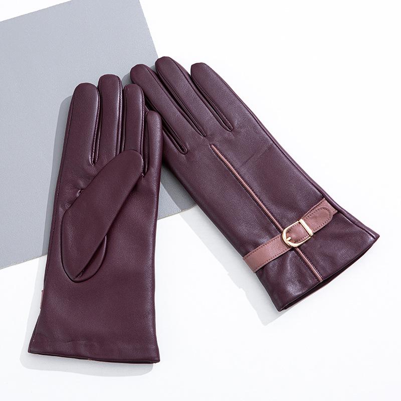 Fashionable Sheepskin Colored Genuine Leather Gloves for Women with Touch Screens  Warm and Fleece Clothing Gloves for Driving In Autumn and Winter