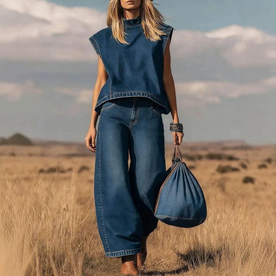 Women's High Neck Sleeveless Loose Denim Top High Waist Wide Leg Denim Pants 2 Piece Outfit Casual Daily Vintage Jean Pant Set