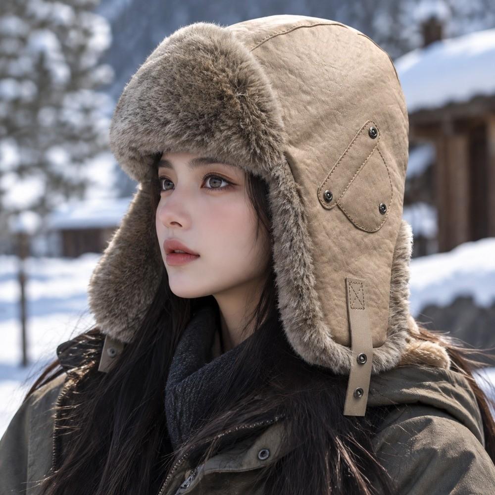 Vintage Pu Leather Pilot Hat Thicked Ear Protection Hat Neutral Winter Ski Cap Cycling