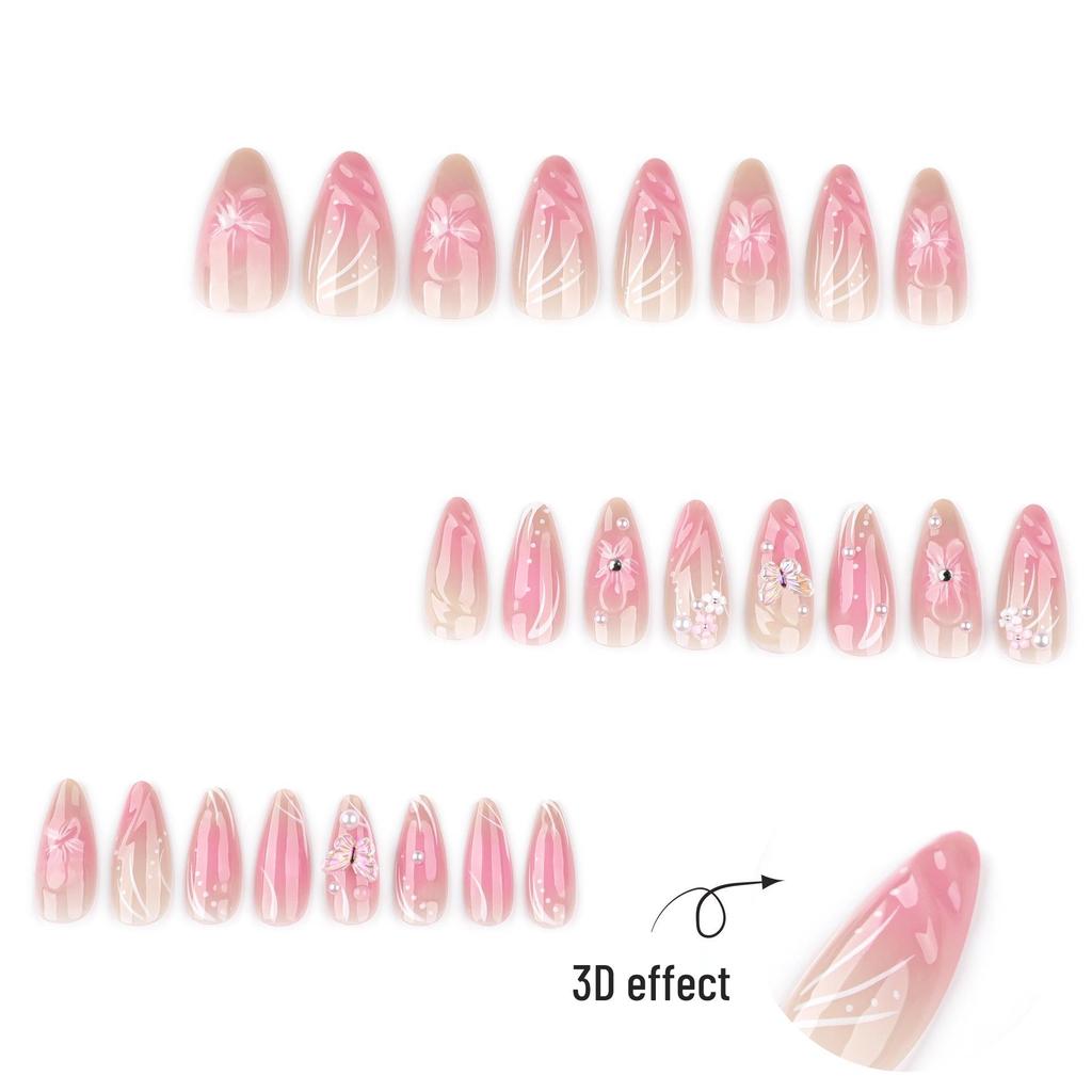 Cross-Border Blush Almond Shape Short Wearable 3D Flower Nail Art Tips