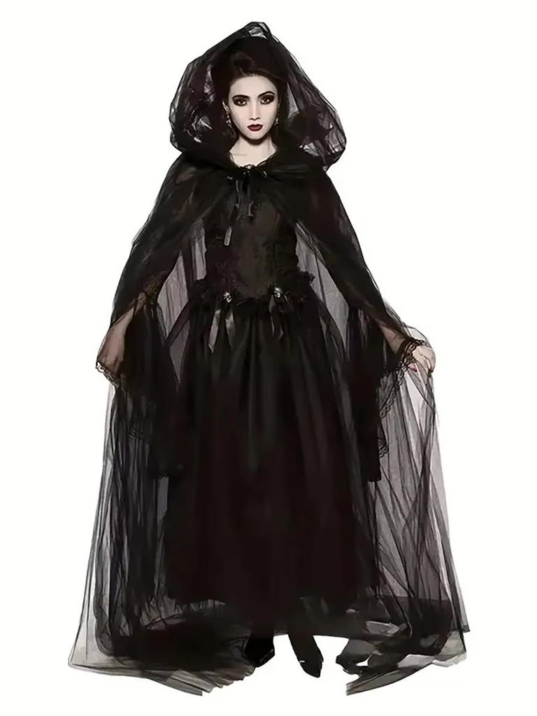 Svart brudeskjerf Heks Vampyr Cosplay Kappe Halloween Dobbel Kappe Spillfest Kostyme Rekvisitter Ferie Utkledning