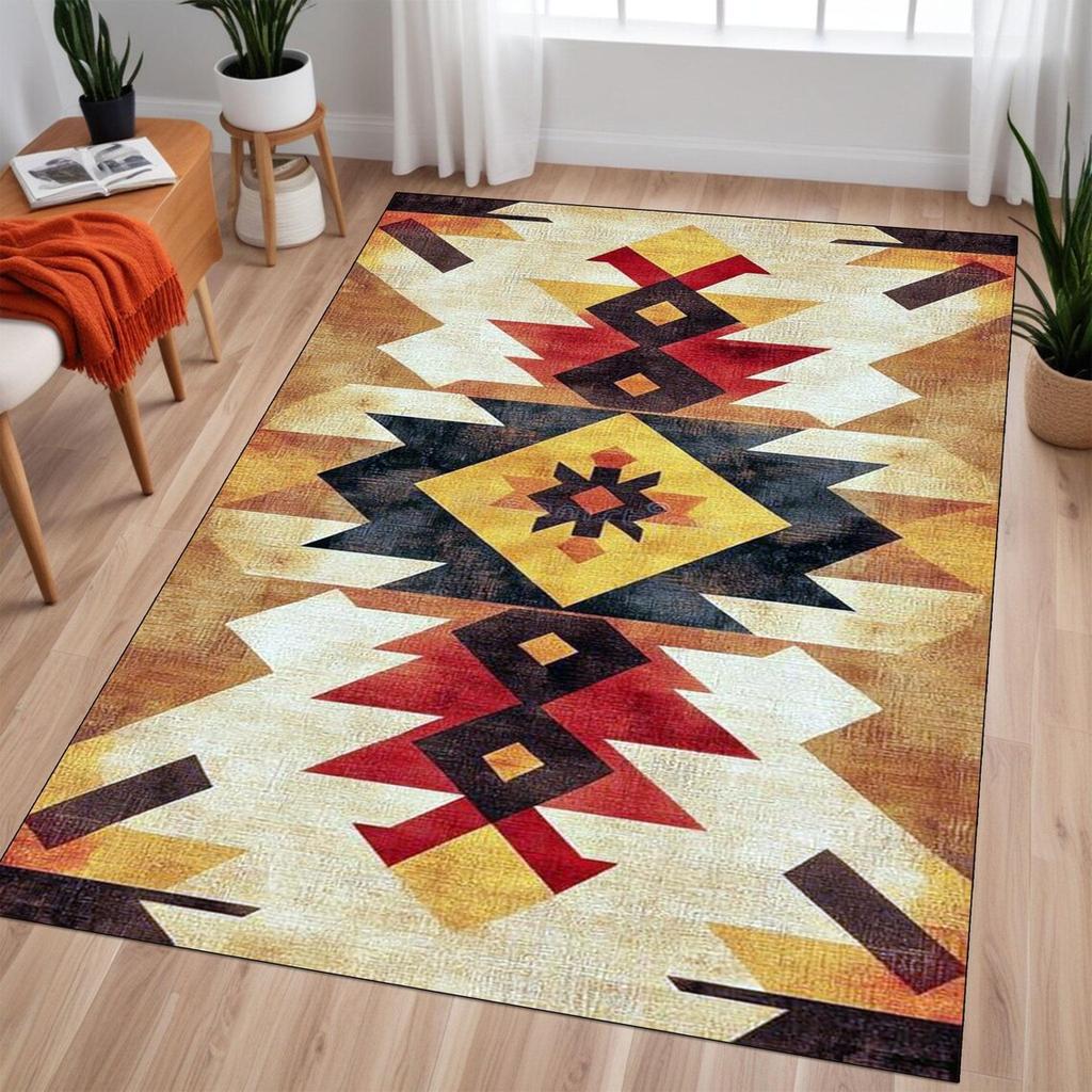 Southwestern Rug, Aztec Tribal Area Rug, Geometric Native American Design, Western Rug, Washable Boho Rug, Ethnic Area Carpet
