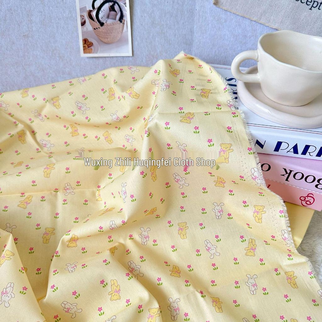 Korean Style Digital Print 100% Cotton Fabric: Rabbit Floral Design for Women's, Children's, and Family Wear, Homewear, DIY