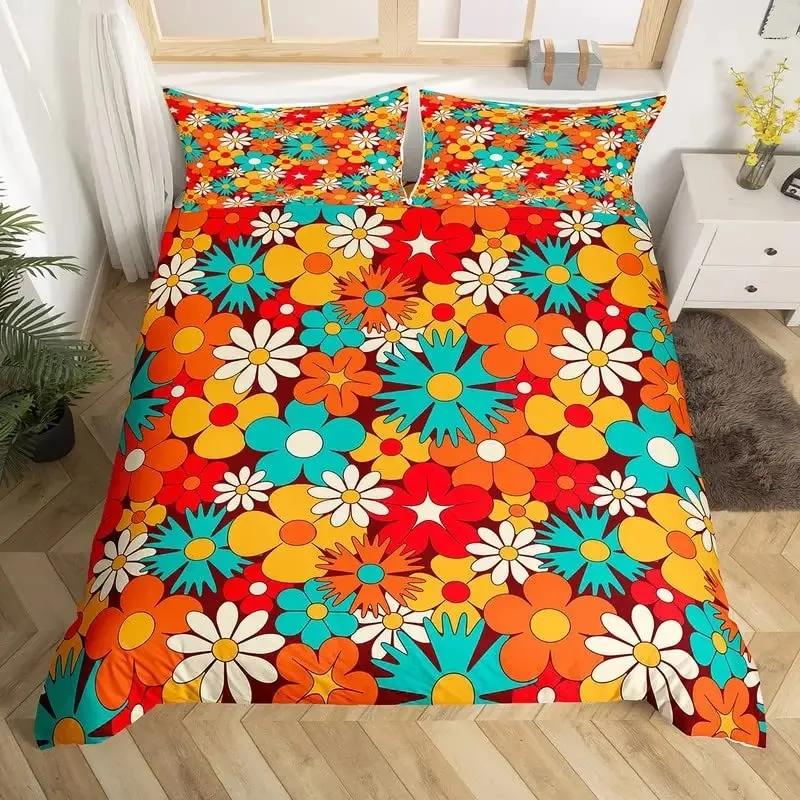 Retro 70er Jahre Hippie Stil Bettbezug Set Queen, Psychedelisches Pilz Bettwäsche Set Regenbogen Blumen Sterne Mond Bettdeckenbezug