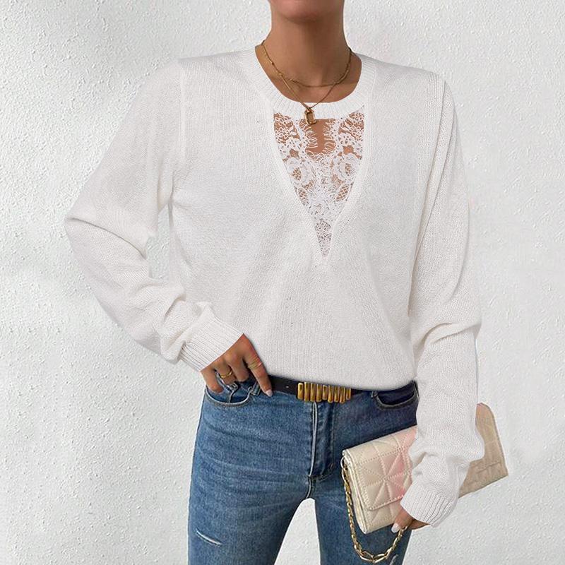 

ZANZEA Женский повседневный ажурный кружевной сращивающийся тонкий вязаный свитер с длинным рукавом XL белый