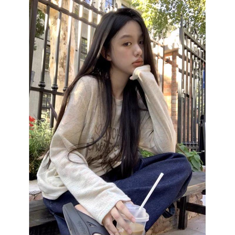 Idle Style Letters Print round Neck Long Sleeves T-shirt Blouse Women's Autumn Korean Style Inner Wear Loose Casual Sun Protection Top