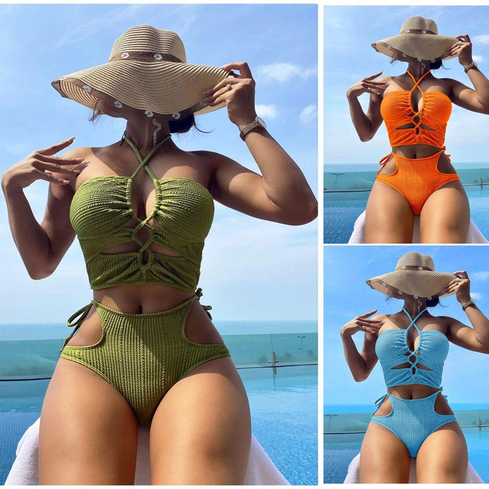 European and American Style Straps, Sexy Split Women's Swimsuit, Hollowed Out Fashion, High Waist and Small Breasts Gather Special Fabric Swimsuit