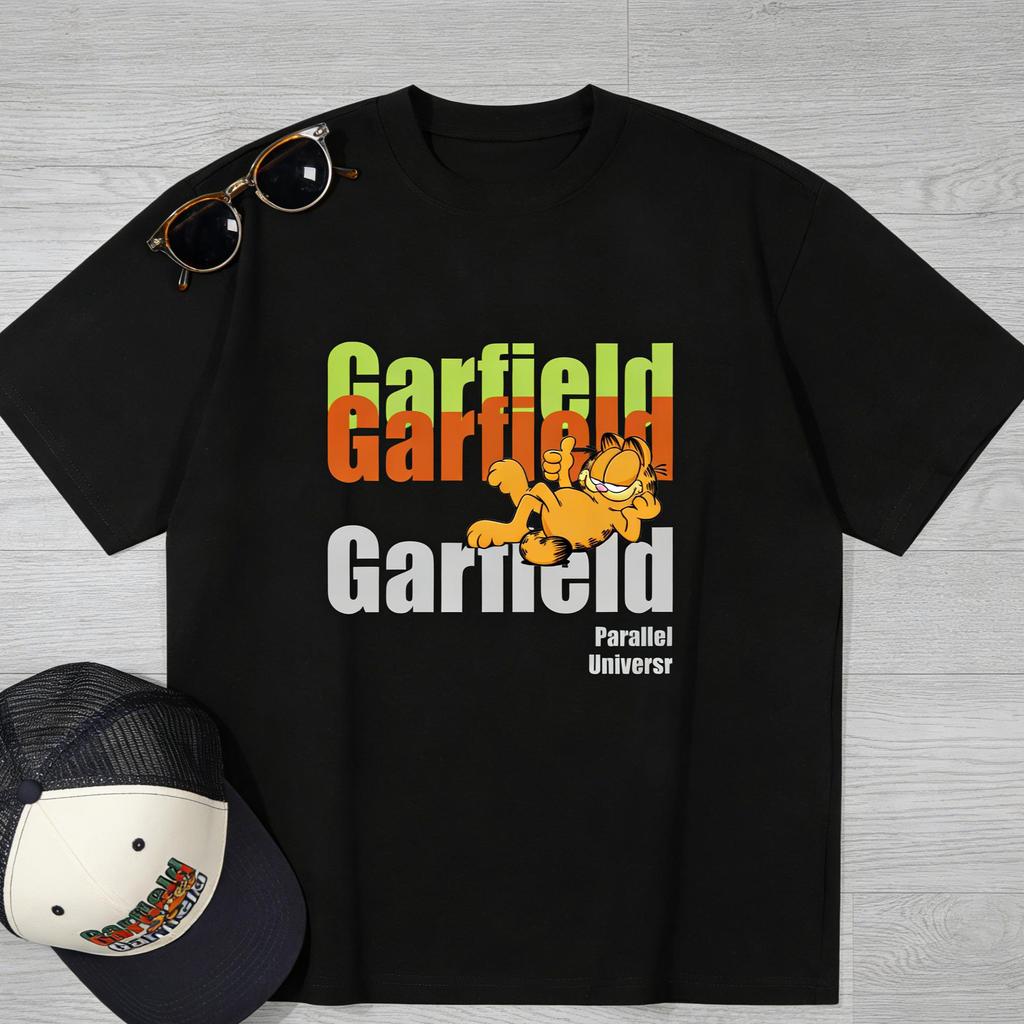 Garfield "Parallel Universe" Layered Color Letter Print Short Sleeve T-Shirt, American Streetwear Heavyweight Cotton Loose Fit Oversized Couple Top