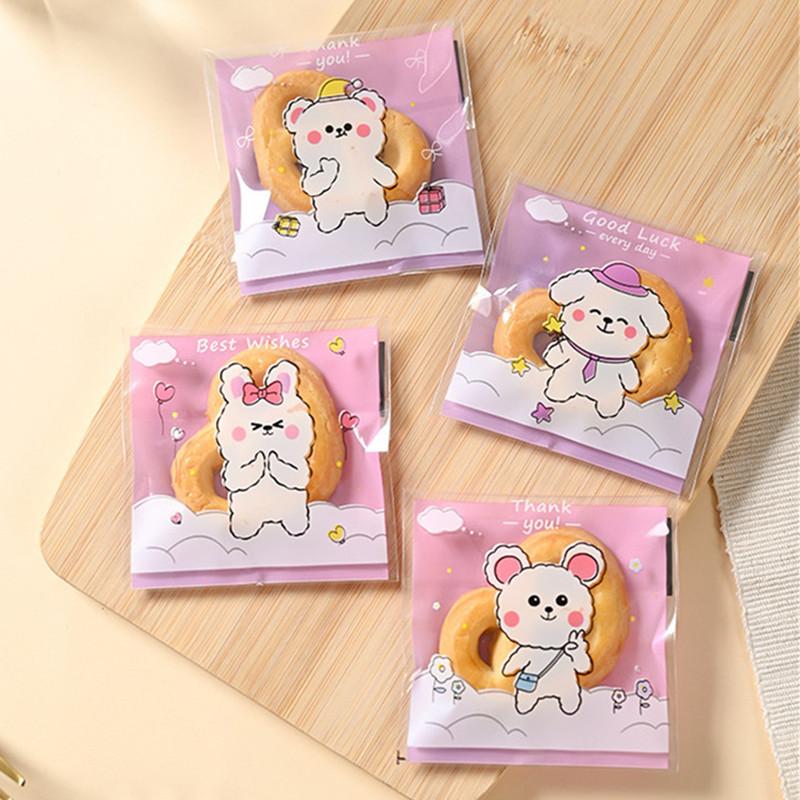 100Pcs 7x7cm Small Plastic Cartoon Animal Printed Self-Adhesive Packaging Cookie Candy Bags Child Birthday Party Favors