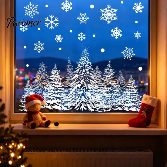 Decorative Window Scenes Christmas Tree Snowflake Static Sticker, Double-sided Cling Decal, Holiday Decals Reusable PVC Glass for Parties Easy