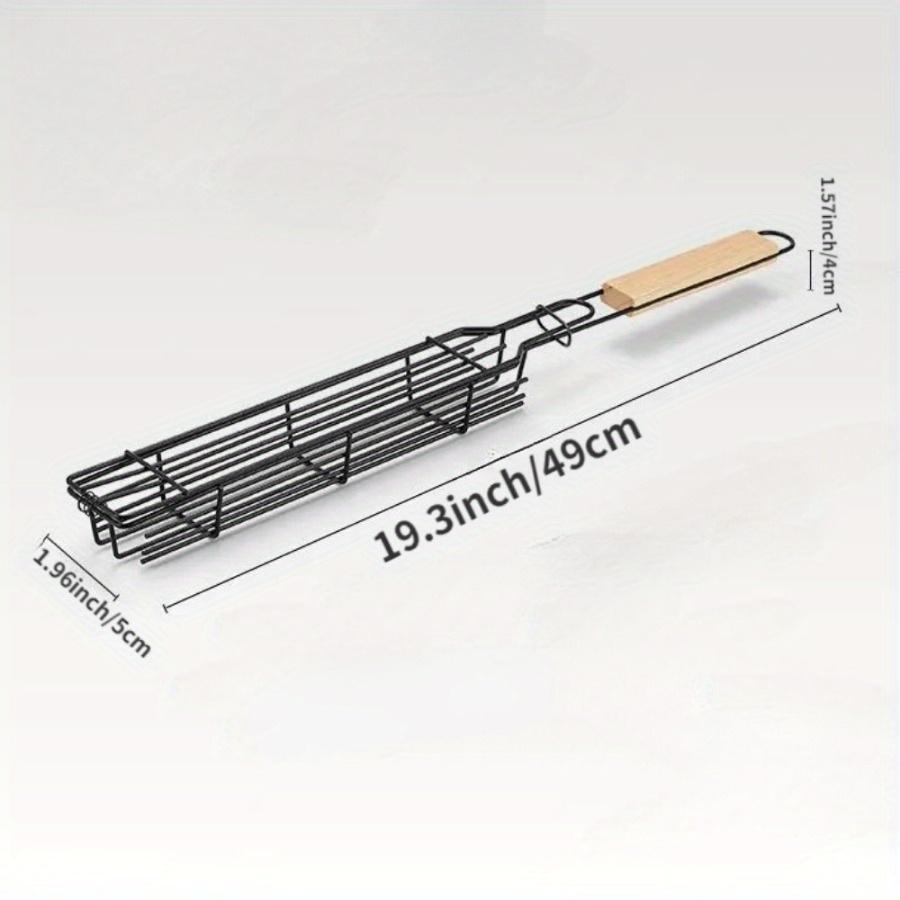 Wood Handle Stainless Steel Barbecue Grill Nonstick Hot Dog Sausage Grill Meat Clip BBQ Grilling Baske Outdoor Picnic Tool