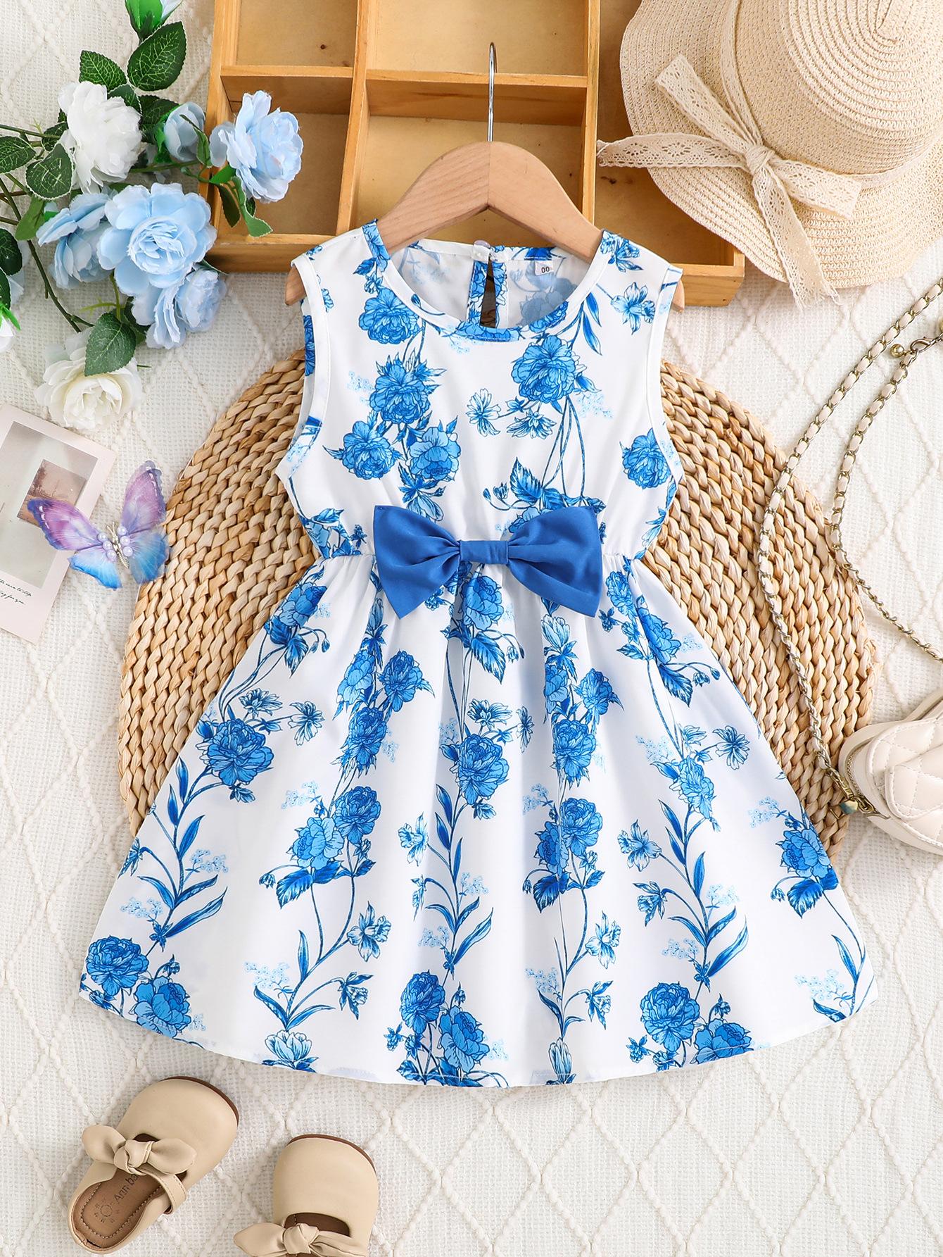 

Модное платье для девочек с цветочным принтом и рукавами-фонариками, летнее детское повседневное платье-жилет для отпуска 2025 года 130cm павлин голубой