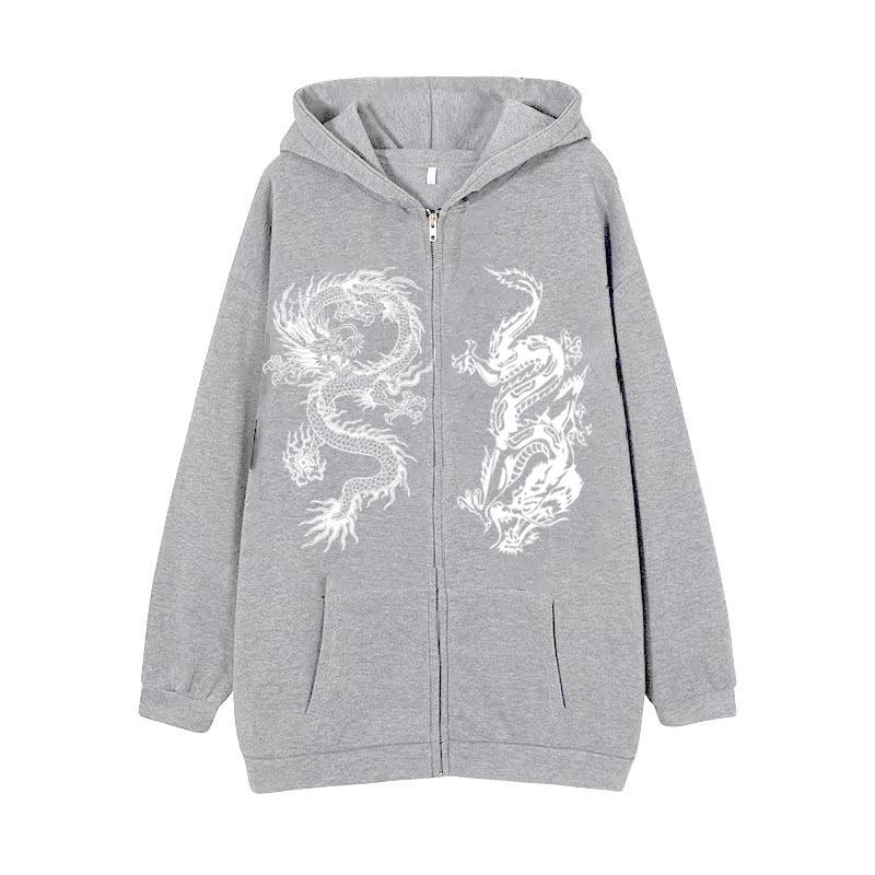 Women's Dragon Print Zipper Hoodie, 2025 European & American Trendy Loose Fleece Jacket