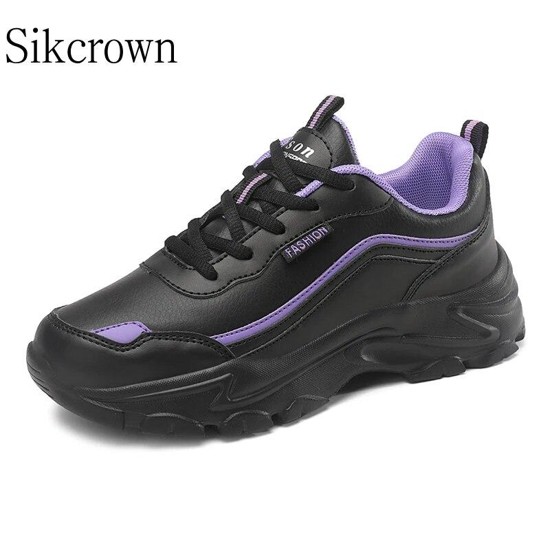 Women Shoes Casual Sport Platform Lady Sneaker Black Thick Sole Leather Big Size 42 Fashion High Quality Flats Walking Platform