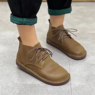 Handmade Leather Boots Round Toe Flat Cowhide Women's Shoes