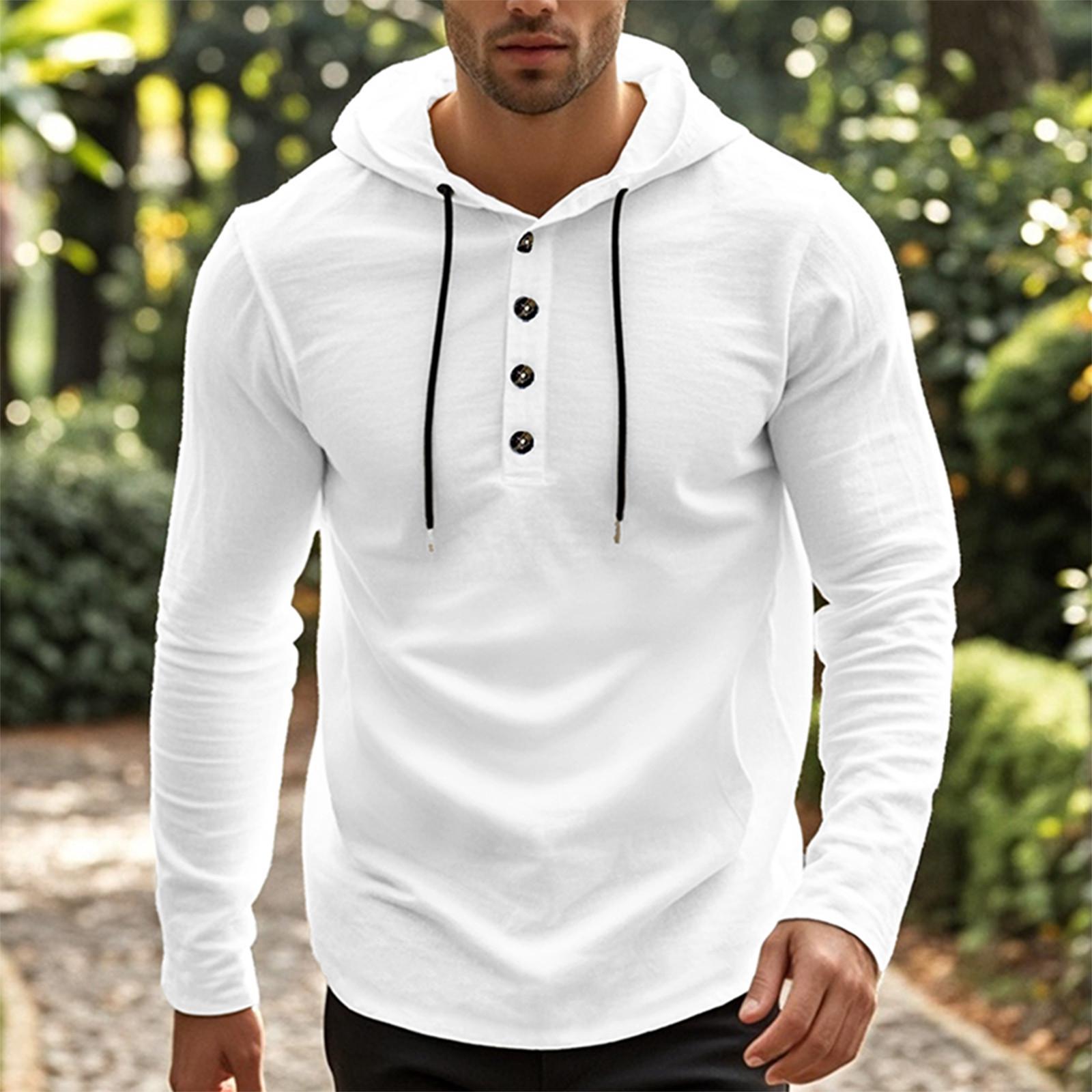 

Мужская футболка с капюшоном на пуговицах, свободная повседневная толстовка с длинными рукавами и капюшоном M белый